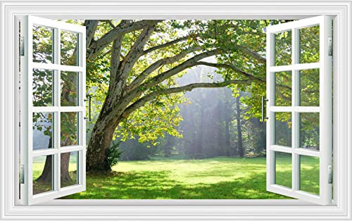 YHSGY Tableau de Paysage - Impression de Fausse Fenêtre sur toile - Art Tableaux Décoration Murale 3D fenêtre Vue - Paysage d'été avec pelouse et soleil 80x50cm(32x20) sans cadre