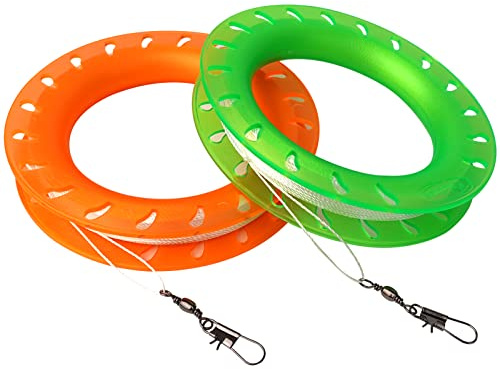 Kaiciuss Kite String Hoop for Kids, Orange & Green Kite Spool Set, String Reel Handle with 300 Feet Line for Each Reel Winder (2 Pack)
