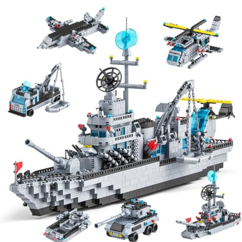 JOMIOD Technik Modellbausatz Schiff, 1560 Klemmbausteine 6 in 1 Militär Schlachtschiff Bauspielzeug, Technik Kriegsschiffe Battleship Bausteine Konstruktionsspielzeug Kompatibel mit Lgo