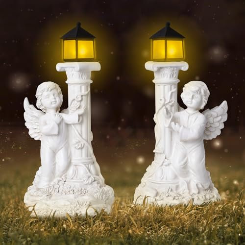 Chostky Angel Garden Ornaments with Solar Light 2PCS Christmas Angel Resin Statue Solar Powered Light Up Ornament Waterproof Figurine for Garden Decorations Porch Lawn Yard Christmas Scene Décor