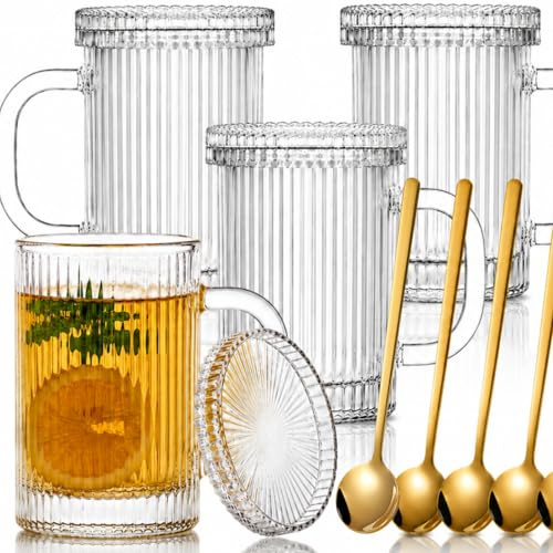 Noamus 4 Pack Glass Coffee Mugs with Lid and Spoon, 13oz Ribbed Vertical Stripes Tea Cup, Classic Clear Drinking Glassware Set for Hot Cold Beverage, Housewarming Christmas Anniversary Birthday Gift