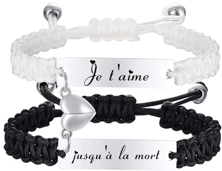 Couples Bracelets Personnalisé Gravure：2Pcs Je t'aime Bracelet réglable Acier Inoxydable pour Amoureux Femme Homme Cadeaux Romantiques Saint Valentin Mariage Bracelet Partenaire pour Couples Famille