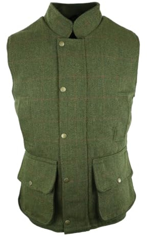 Gillicci MENS BRITISH MADE GREEN DERBY COUNTRY TWEED HUNTING GAME FARMING QUILTED SHOOTING ZIP WAISTCOAT GILET BODYWARMER (UK, Alpha, M, Regular, Regular, Dark Green)