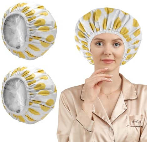 2 Pack Deep Conditioning Hair Cap,Hair Cap for Oil Treatment,Duschhaube damen wasserdicht,Haarhaube Färben,Shower Cap and Heat Cap Two Uses (Gelbe punkte)