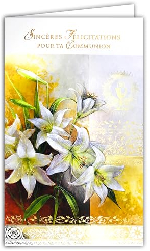 AFIE 19-639 Tarjeta con Sobre Sinceras Felicitaciones por tu Comunión Niño Niña Cristiana Católica Ostia Pan Vino Copa Cáliz Cibebo Flores Lirio Blanco Padrino Madrina - Hecho en Europa