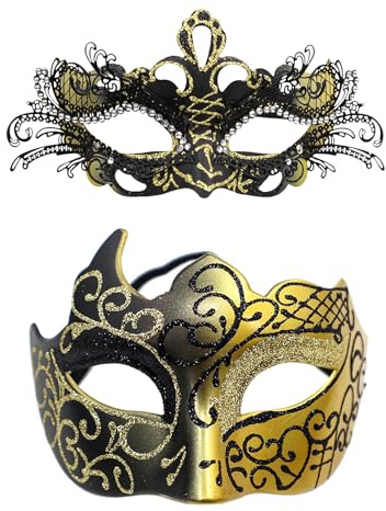 JewelryWe Venetiansk mask, par, maskerad mask, metallmask med strass, ögonmask, kostym, masker set för kvinnor och män, halloween, karneval, fest, avslutningsbal