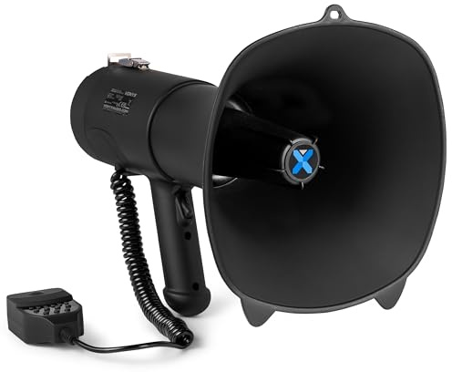 Vonyx MEG090 Akku Megafon mit Sirene und Mikrofon, Bluetooth, Aufnahmefunktion, Leistungsstarkes 90W Megaphon mit Mikrofon, bis 1400 Meter, USB, SD, MP3 & AUX, Megaphon mit Umhänge-Gurt, Schwarz