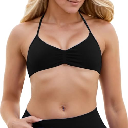 Komwwon Strappy Halter Sports Bra Women Backless Padded Yoga Gym Bras | Removable Pads, Ruched V Neck, Seamless, Open Back, Longline, Buttery Soft, Athletic Crop Top, Workout Tank Top