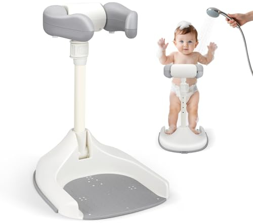 Baby Shower Standing Support, Toddler Bath Seat for Stand Up Showering with Non-Slip Stable Base, Adjustable Height, Smart Water Flow Hug Tower for 6-36 Months, Baby Shower Gifts, Foldable & Portable
