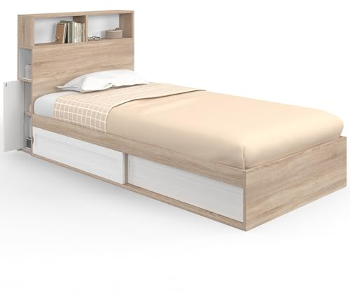 IDMarket - Lit Simple Clem avec Rangement, tête de lit et sommier 90 x 190 cm hêtre et Blanc