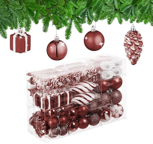 Relaxdays Weihnachtskugeln 72er Set, glitzernde, Matte & glänzende Baumkugeln, Stiefel, Herz & Zapfen, Kunststoff, braun