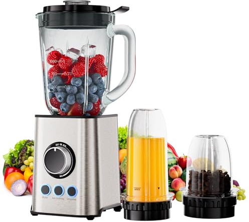 Biolomix 3 in 1 Smoothie Blender and Food Processor Combo，1300W Power Motor with 304 Stainless Steel and 2 Preset Programs, Coffee Spice Grinder, Grinder Combo for Crush Ice, Smoothies, Milk Shakes