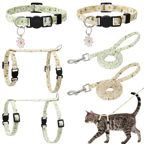 Smivyhp 2 Stück Katzengeschirr und Leine Set mit Gänseblumen Muster, Ausbruchsicher Verstellbar Katzengeschirr Halsbändern für Spaziergänge, Reisen und Training