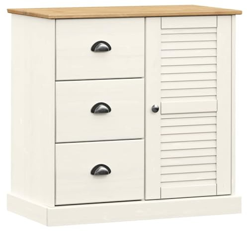 Mhdvray Credenza VIGO 78 x 40 x 75 cm, in legno massello bianco, con cassetti e porta a persiana, per corridoio, soggiorno e cucina