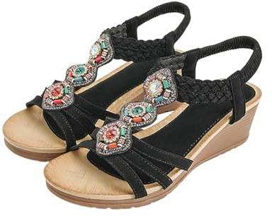 Nuoke sandalias mujer,sandalias cuñas, planas con tiras en T y cuentas para, con piedras preciosas de colores y elástico Esparto Cuña (Black, 38)