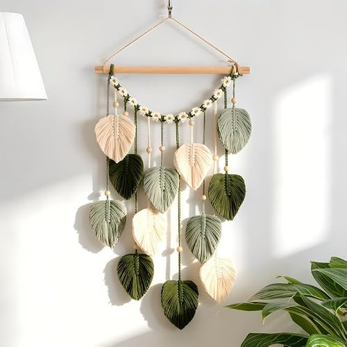 Gemejutor Tapiz de macramé para Pared Estilo Boho con Hojas y Cuentas de Madera, 40x65 cm, decoración de Pared Hecha a Mano para salón, Dormitorio, Oficina y Pasillo (Verde y Blanco)