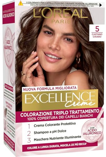 L’Oréal Paris Colorazione Triplo Trattamento Excellence, Con Acido Ialuronico, 100% Copertura Capelli Bianchi, Per Capelli Più Idratati, Castano Chiaro (5)