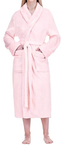 PAVILIA Soft Plush Women Fleece Robe, Pink Cozy Bathrobe, Female Long Spa Robe, Warm Housecoat, Satin Waffle Trim, L/XL
