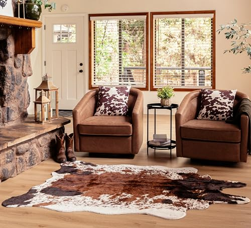 NativeSkins Teppich aus Rindslederimitat, Originalbraun (groß), 120 x 180 cm, dreilagige Unterstützung, ultraweicher Flor, handgeschnitten, Wildlederimitat, rutschfeste Unterseite, Westernteppich