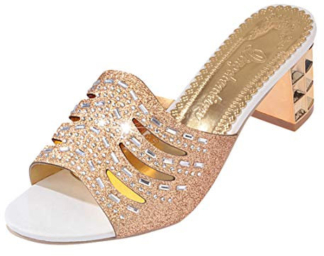 Damen Sandalen Strass Sandaletten Blockabsatz High Heels Schuhe Sommerschuhe Hausschuhe (Gold, Numeric_35)