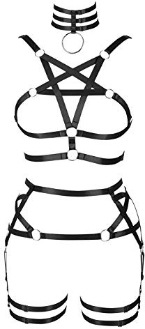 BBOHSS - Body Harness con cintura, reggicalze e pentagramma sul petto, punk, gotico, adatto per Halloween e carnevale, elastico, Nero , Taglia unica