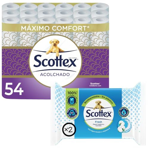 Scottex Papel Higiénico Acolchado 54 Rollos + Higiénico Húmedo Fresh 2 paquetes (148 servicios)