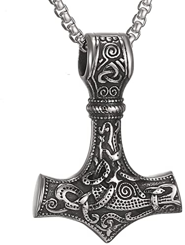 AFSTALR Wikinger Schmuck Herren Halskette Thors Hammer Halskette - Nordische Mythologie Mjolnir Wikinger Runen Hammer Edelstahl kette Viking Geschenke für Männer 50cm Silber