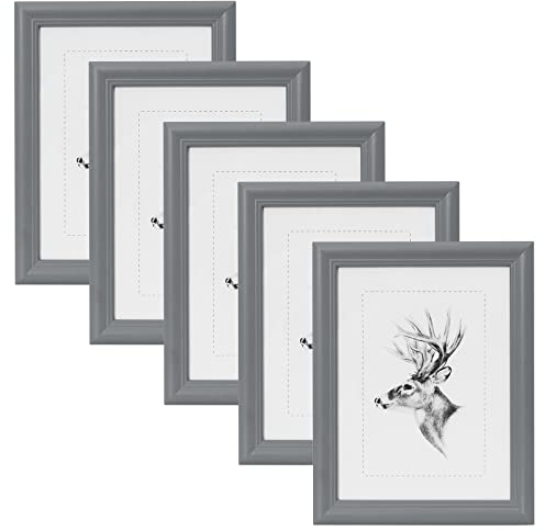WOLTU Bilderrahmen 20x30cm 5er Set Fotorahmen Holzrahmen mit Passepartout, zum vertikalen oder horizontalen Aufhängen/Aufstellen, Posterrahmen Collage Wanddeko, Grau