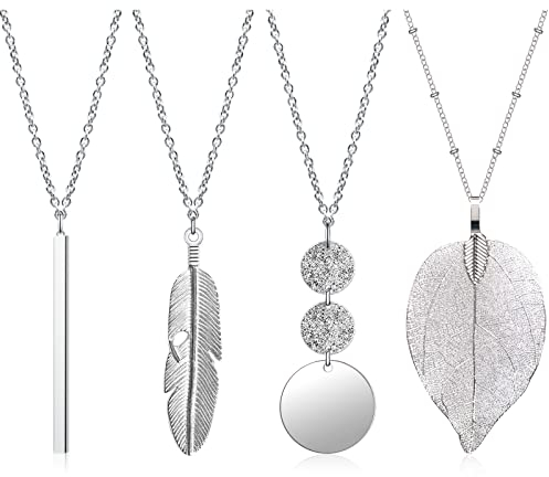4 Stück Lange Anhänger Halsketten für Frauen,Mode Anhänger Halskette Schmuck Lange Pullover Halsketten Set Silber Bar Feder Kreis Blatt Schloss Quaste Y-Halskette Schmuck-Set Statement Halskette