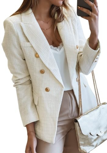 Happy Sailed Tweed Blazers for Women Dressy Casual Double Breasted Long Sleeve Lapel Collar Formal Blazer Jackets Slim Fit Open Front Business Work Jackets White Small