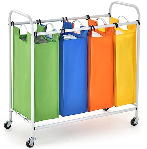 COSTWAY 4-Section Laundry Basket, 136L Laundry Hamper Trolley with 4-Color Removable Bags & Wheels, Dirty Clothes Basket Laundry Sorter Bins for Bathroom Living Room Bedroom