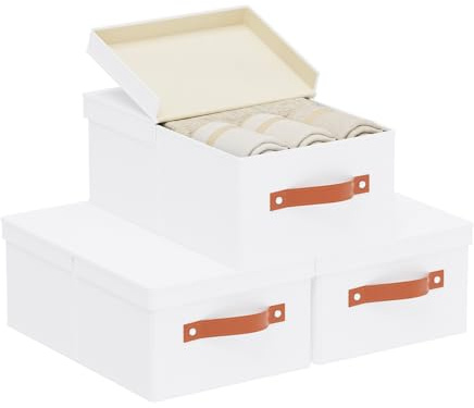 YheenLf 3 Pezzi Contenitori per Armadio Salvaspazio, Scatola con Coperchio Rimovibile, Organizzatore Cassetti con Maniglia, Scatole per Vestiti da Letto a Casa, Bianco, 33×23×14cm