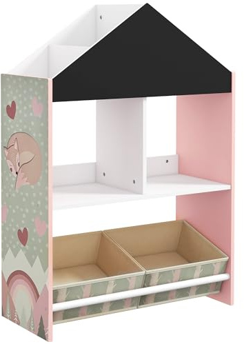 ZONEKIZ Estantería para Juguetes Organizador Infantil con Pizarra Pintable Estantes Abiertos y 2 Cajas de Tela no Tejida Extraíbles para Sala de Juegos Habitación Guardería 62,4x26,5x90 cm Rosa