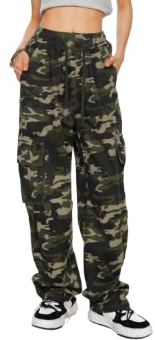HVEPUO Pantaloni da Donna Casual con Coulisse in Vita Elastica Pantaloni Dritti in Cotone con Tasca, 02-Verde Camo2, M