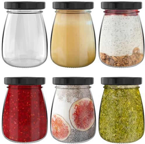 HEFTMAN Kleine Glasdosen mit Deckel, 6 Stück, 100 ml, leere luftdichte Glas-Schnapsflaschen mit Deckel, Reisegröße, auslaufsicher, Puddingtöpfe, Joghurttöpfe, Mini-Honiggläser, kleine Marmeladengläser