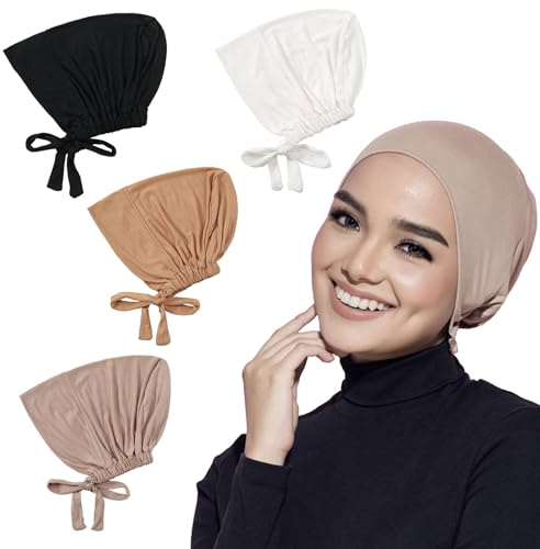 Luckwaii Kopftuch Damen Hijab Undercap, 4 Stück Bonnet Sleep Cap Islamische Muslimische Kopfbedeckung Unterschal mit Kordelzug Tie Back Closure Verstellbarer Elastische Untertuch Kopftücher Chemo