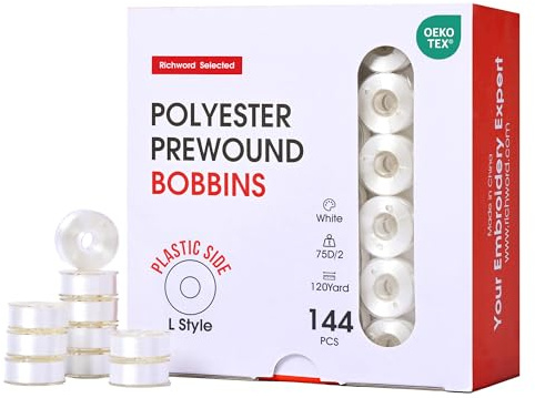 Poolin Prewound Bobbins, Richword Selected Plastic Sided, 144pcs Size L(SA155), 75D/2(60WT) Polyester Bobbin Thread for Commercial Multi Needles Embroidery Machine, White 110 Yards