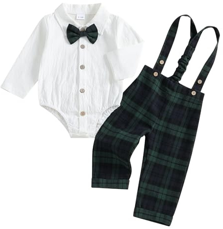 MAHUAOYIXI Toddler Baby Boys Gentleman Outfits Lapel Neck Newborn Baby Boys Clothes Long Sleeves Romper and Plaid Suspender Pantsand Bow Tie Infant Boys 3Pcs Clothing Set