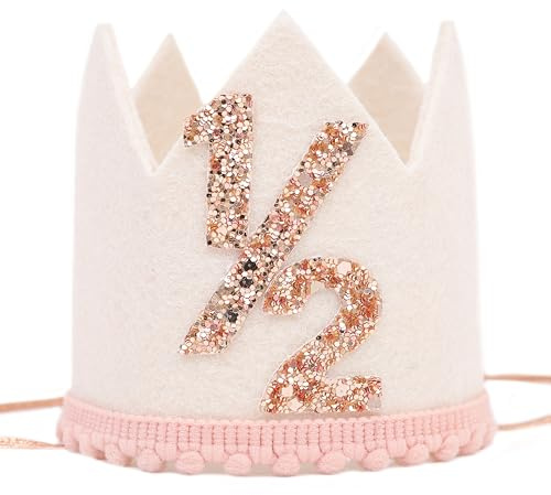 Jissoo White 1/2 Birthday Crown - 6 Months Birthday Decorations,Little Princess Crown For Cake Smash,Sweet Half Hat Photo Props,Light Pink 1/2 Way To One Decoration (White)