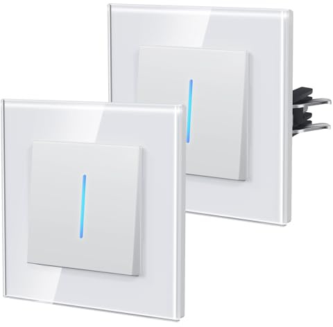BSEED Interrupteur va-et-vient, Interrupteur Mural Connexion rapide, Borne à encliquetage, Modern Interrupteur Avec Voyant Lumineux, Verre,1 Gang 2 Voie - 2 Paquets,86mm Blanc
