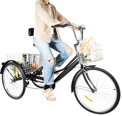 Kanbihao Trehjuling för vuxna, 24 tum, 7 växlar, trehjuling, 3 hjul, med shoppingkorg fram och bak, kedjeväxling, stadscykel, lastcykel för shopping, picknick, fritid, svart