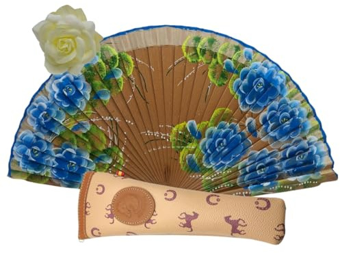 Planta Color Abanico de Madera con Flores Pintadas a Mano. Incluye una Funda para Proteger el Abanico. Pinza de Pelo con Diseño de Flor para Complementar tu estilo