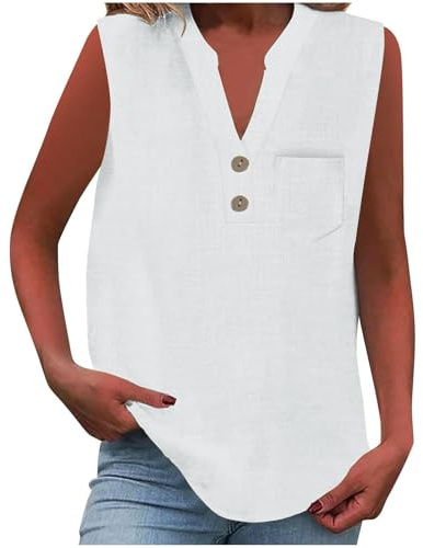 Vest Tops Women UK Summer Cotton Linen Sleeveless T-Shirt Loose Fit Button V Neck Tunic Tops Lounge Baggy Solid Plain Dressy Casual Shirts Trendy Blouses Ladies Tank Tops