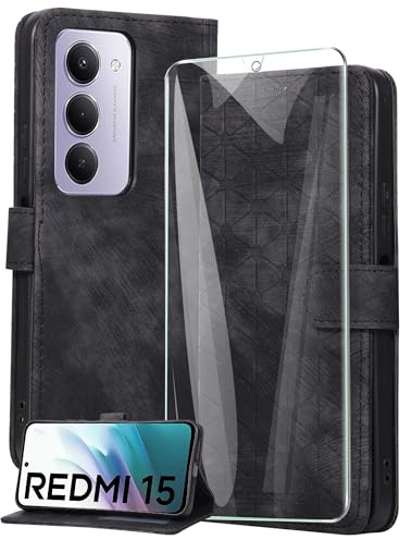 binandteam Cover a Libro per Xiaomi Redmi 15 4G (6.9) con Vetro Temperato,Custodia in Pelle PU Magnetica Flip Porta Carte Wallet Supporto Portafoglio Case - Nero