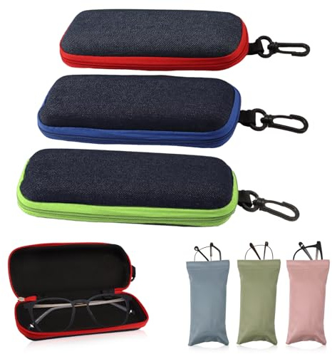 KASURE 6 Stück Brillenetui Set, Brillenetui Hardcase, 3 Sonnenbrillen Etui aus Denim-Stoff und 3 brillenetui Weich Myopiebrille Etui mit Reißverschluss für Damen Herren Geeignet für Reisen und Alltag