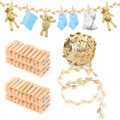 Leinuosen 51 Pcs 1.35  Mini Clothespins, Leaf Photo String, 33 ft, Gold