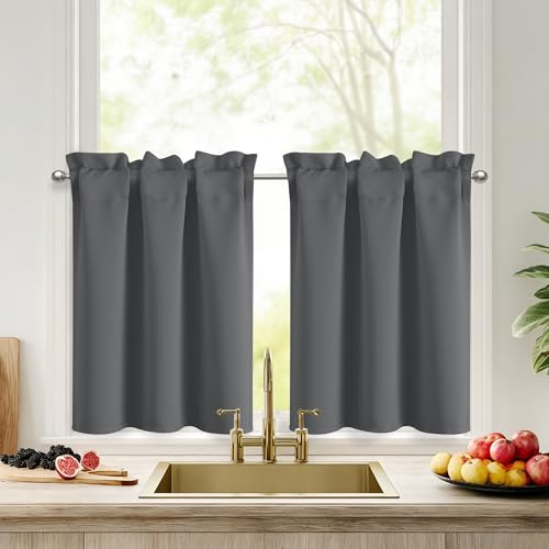 DWCN Fönstergardin ogenomskinlig gardin kort mörkgrå H 45 x 90 2 stycken