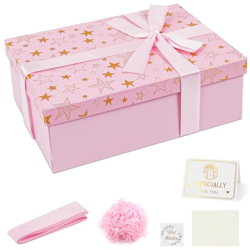 OFFCUP Gift Box with Lid, 25x18x8.5cm Luxury Gifts Boxes for Men Women | Foldable Present Box with Card Shredded Paper Ribbon for Birthdays Weddings Christmas Anniversaries (Stars)