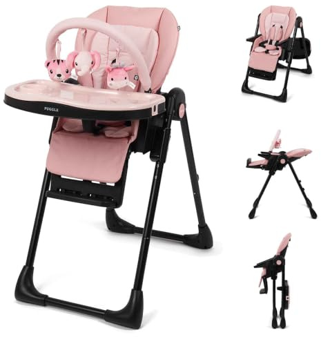 Puggle Foodie Eat & Play 9-in-1 Baby High Chair from Birth (Soft Pink) | Adjustable Hi-Lo Baby Highchair with Recline, Folding Design, 5-Point Harness & Removable Tray