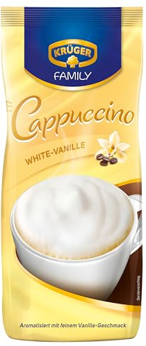 KRÜGER Family Cappuccino White Vanille, aromatisiertes Getränkepulver mit löslichem Bohnenkaffee, koffeinhaltig, 500 g Beutel